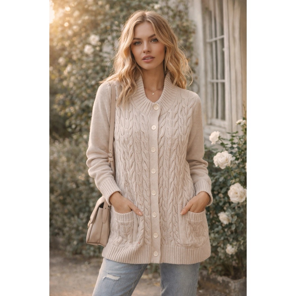 Lands' End 1X XL Ivory Cable Knit Cardigan Baumwolle Fisherman Coastal Grandma